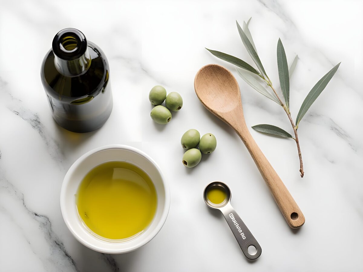 Oliwa z oliwek extra virgin — butelka i oliwki na marmurze