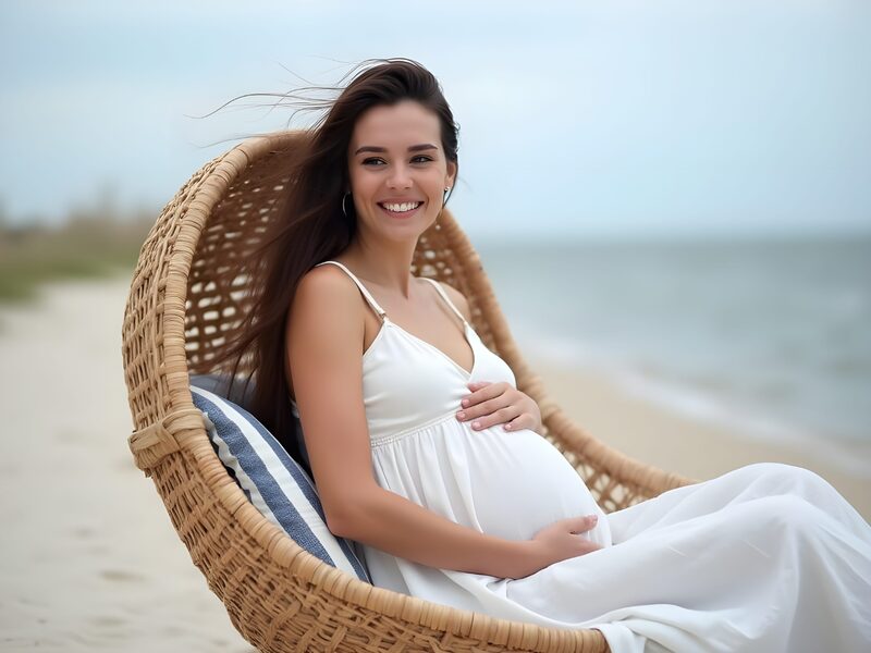 Kobieta w ciąży siedząca w wiklinowym fotelu — opieka po porodzie