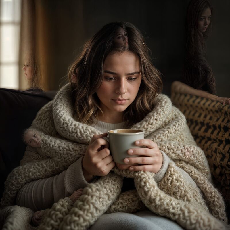 Kobieta otulona kocem z kubkiem herbaty — objawy niedoczynności tarczycy