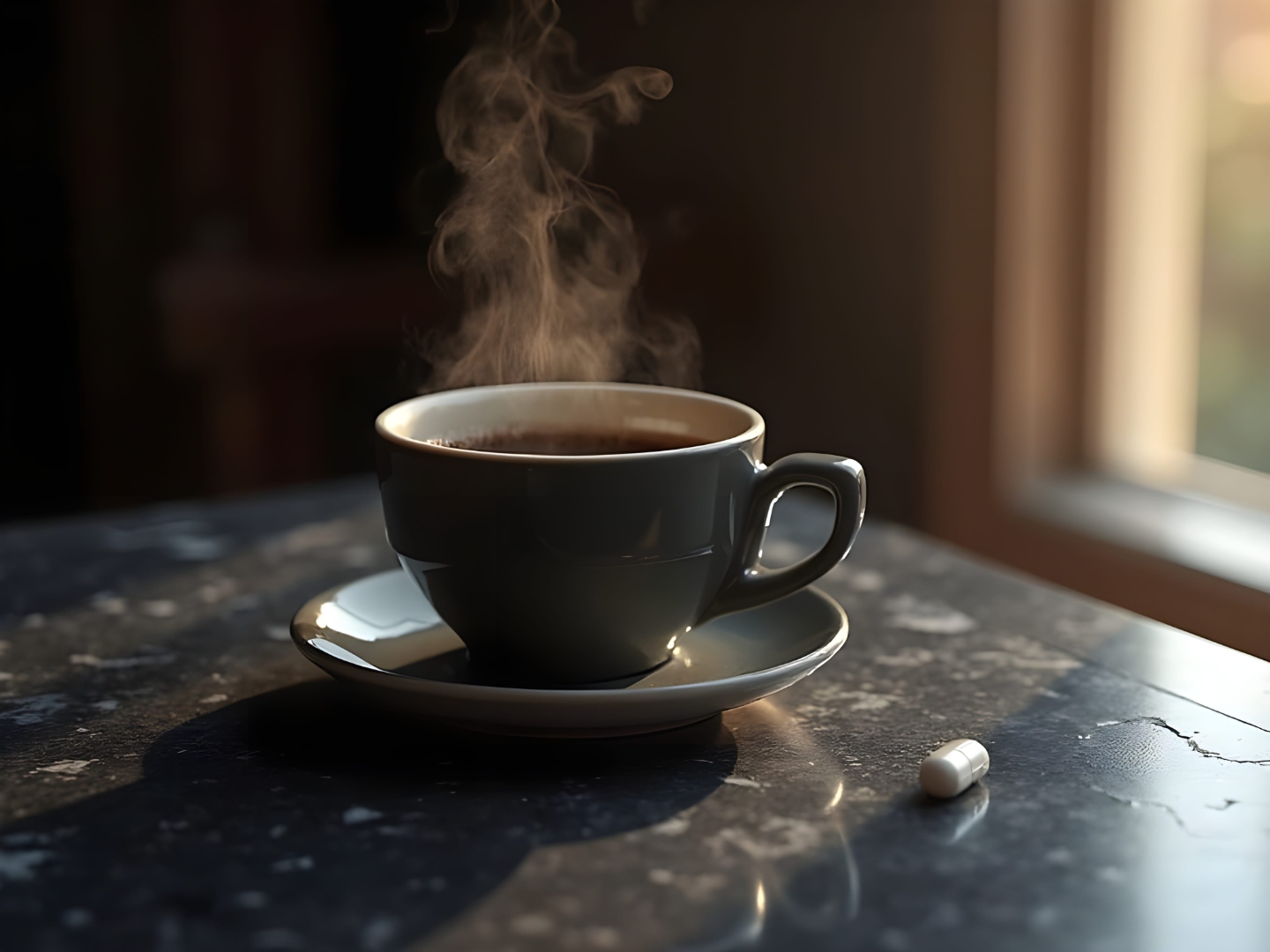 Kawa i tabletka na blacie — poranne wchłanianie leku