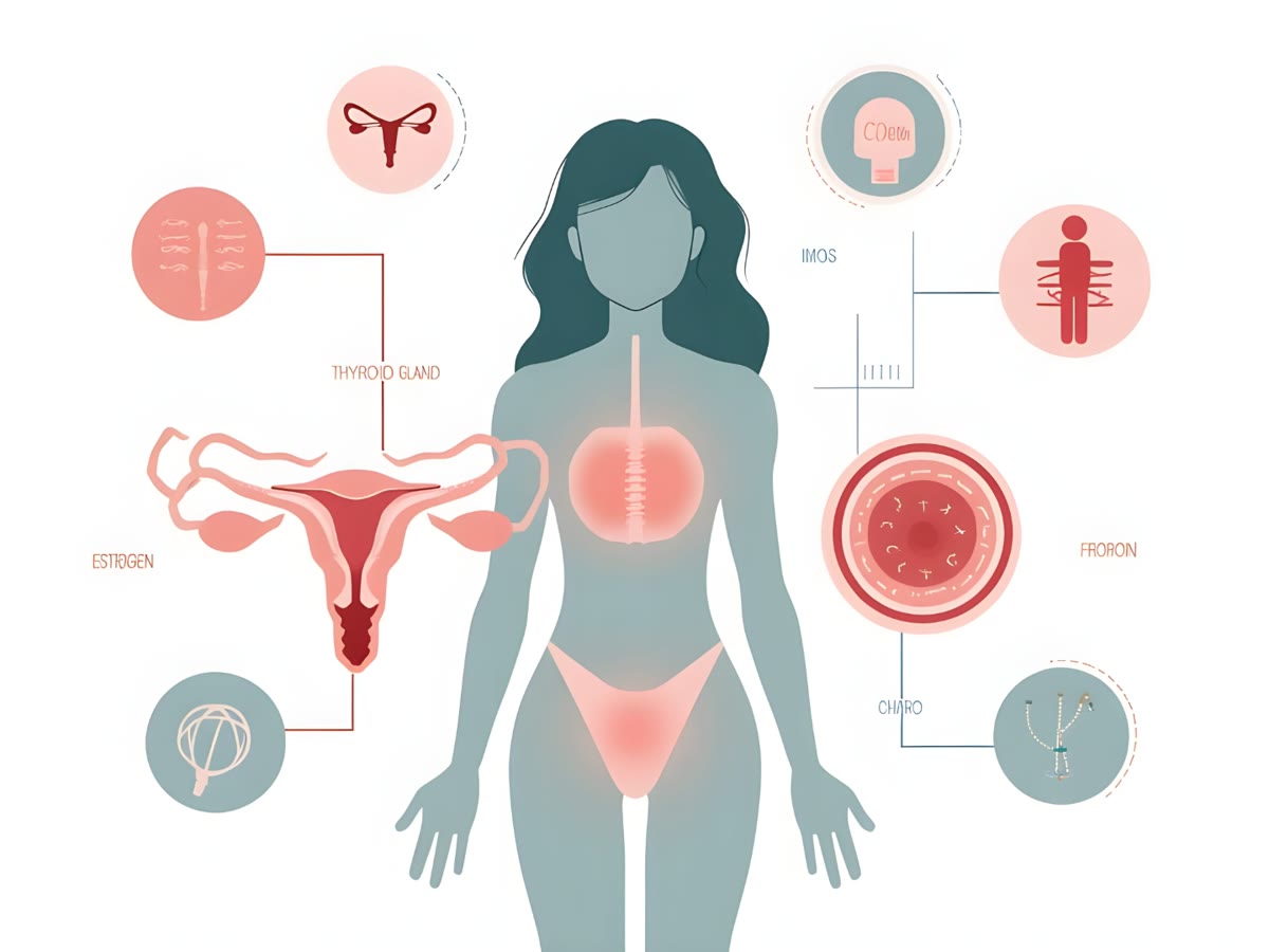 Infografika medyczna — hormony a wypadanie włosów u kobiet: tarczyca, jajniki, przekrój mieszka włosowego, DHT, estrogen, witamina D, żelazo